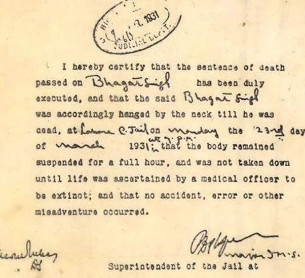 Bhagat Singh Death Certificate from Tectonic Tales